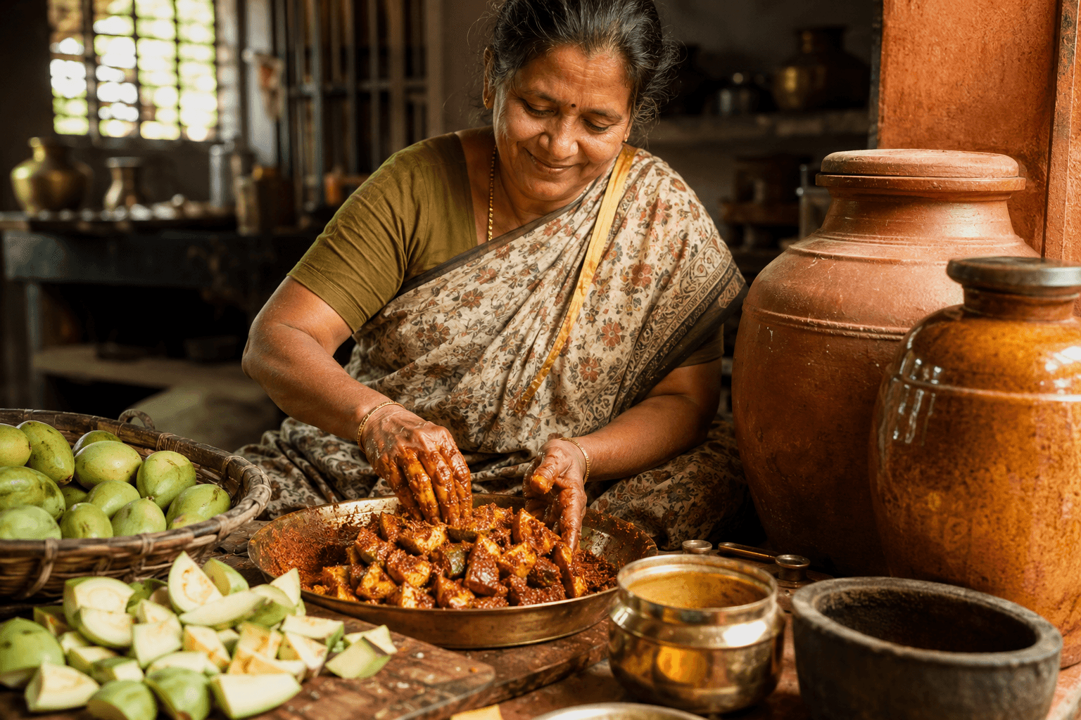 Amma preparing pickles in the village kitchen