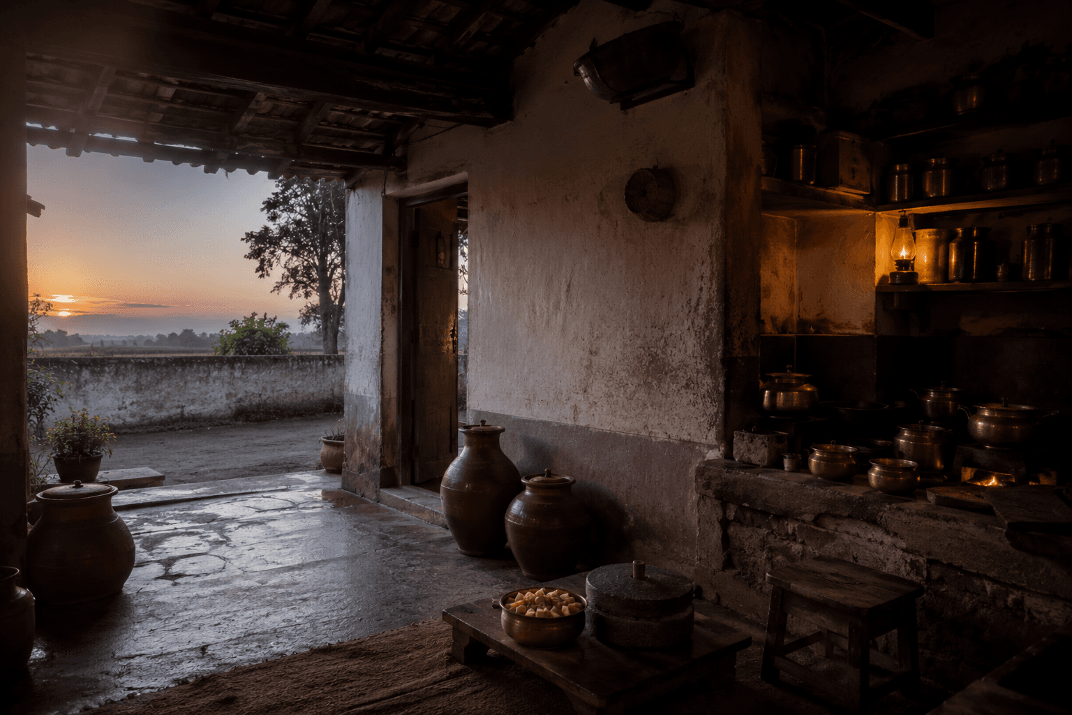 Village kitchen near Bidar at the start of the day