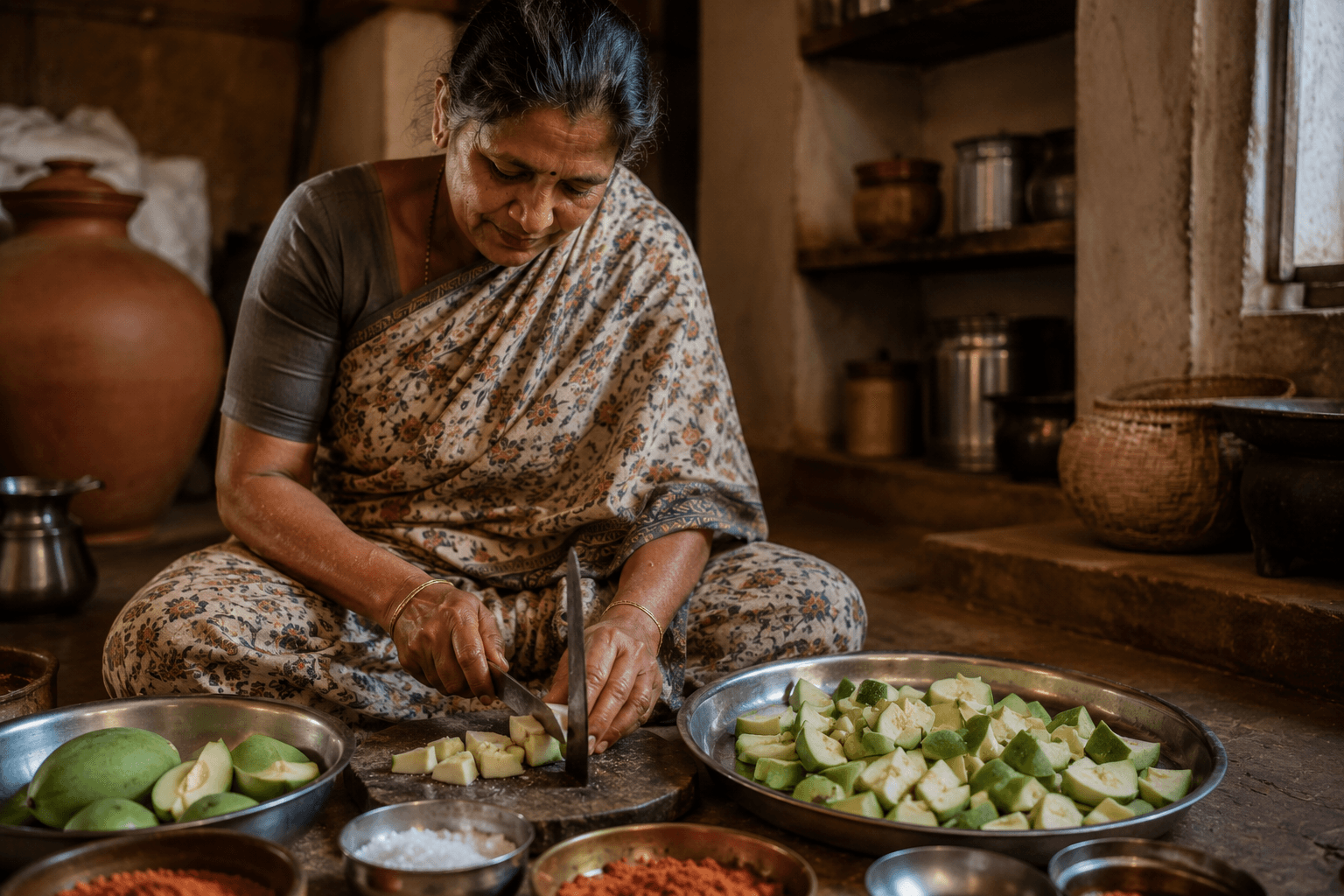 Hands cutting mango for a small batch of pickle