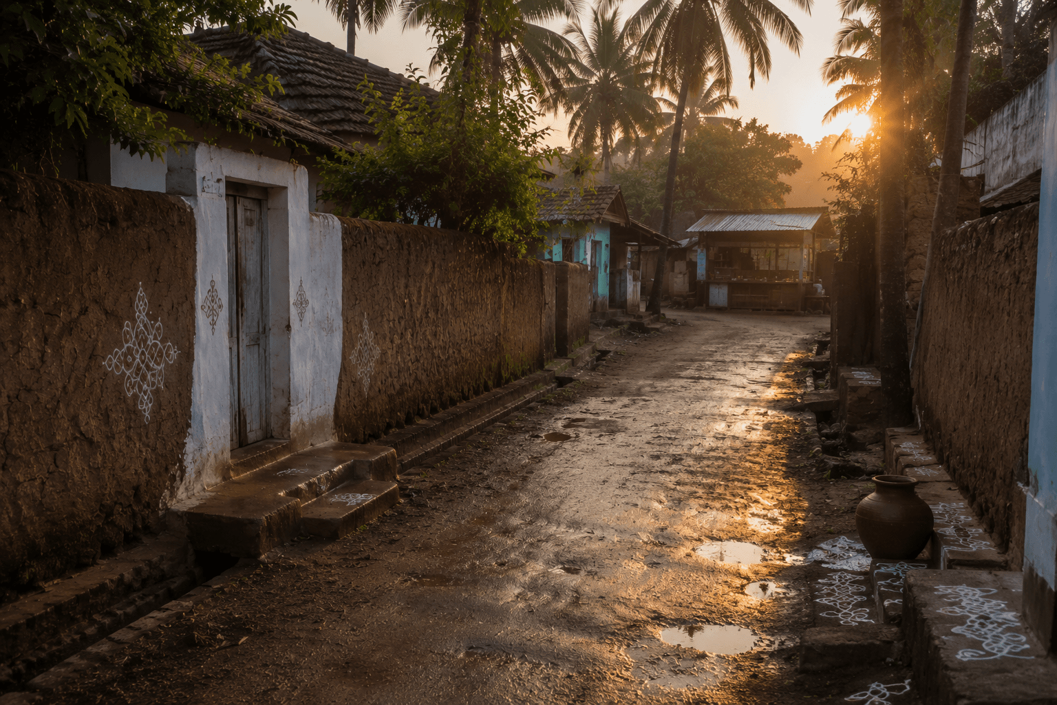 A quiet village lane near Bidar in the early morning