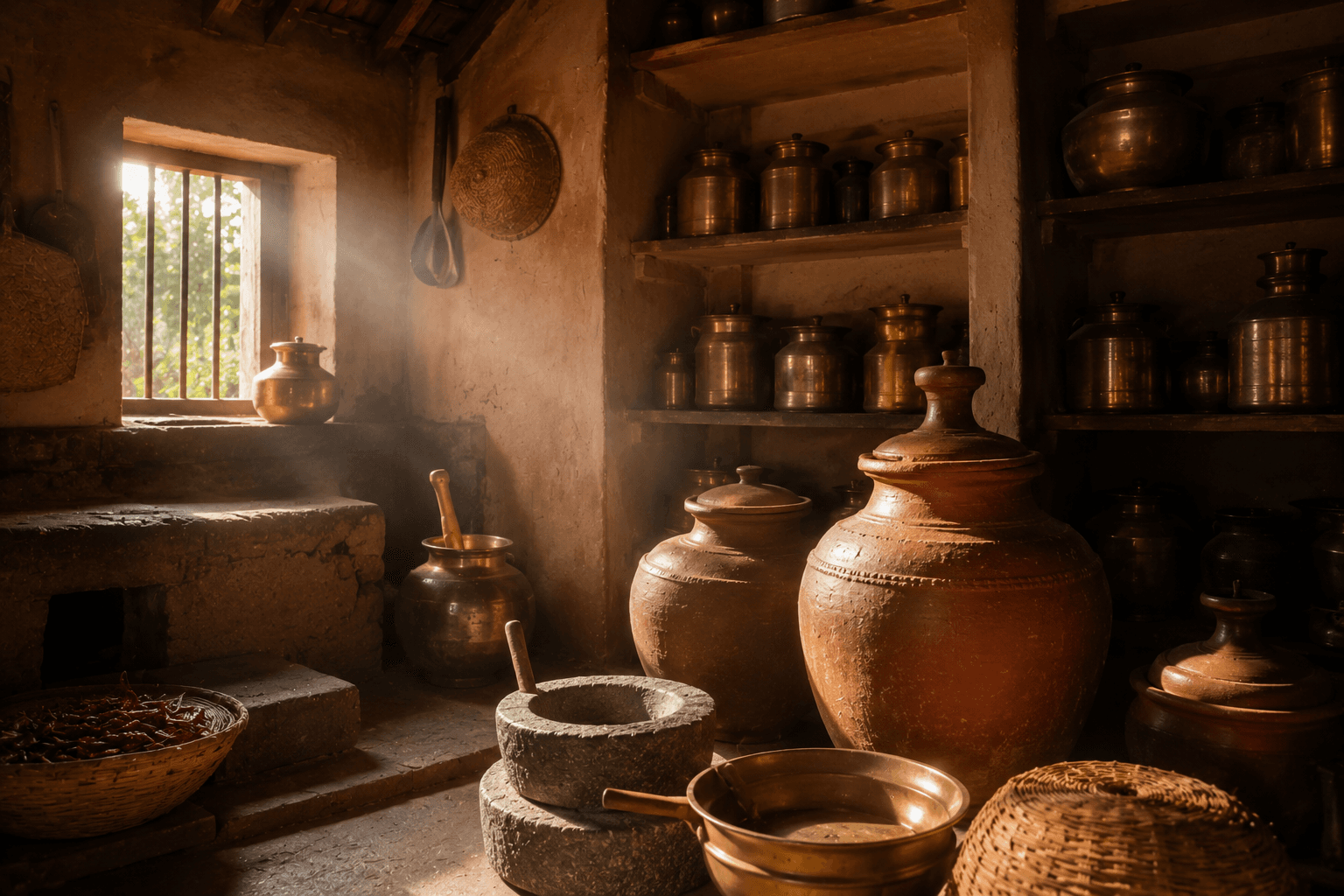 Clay jars and vessels in a traditional family kitchen